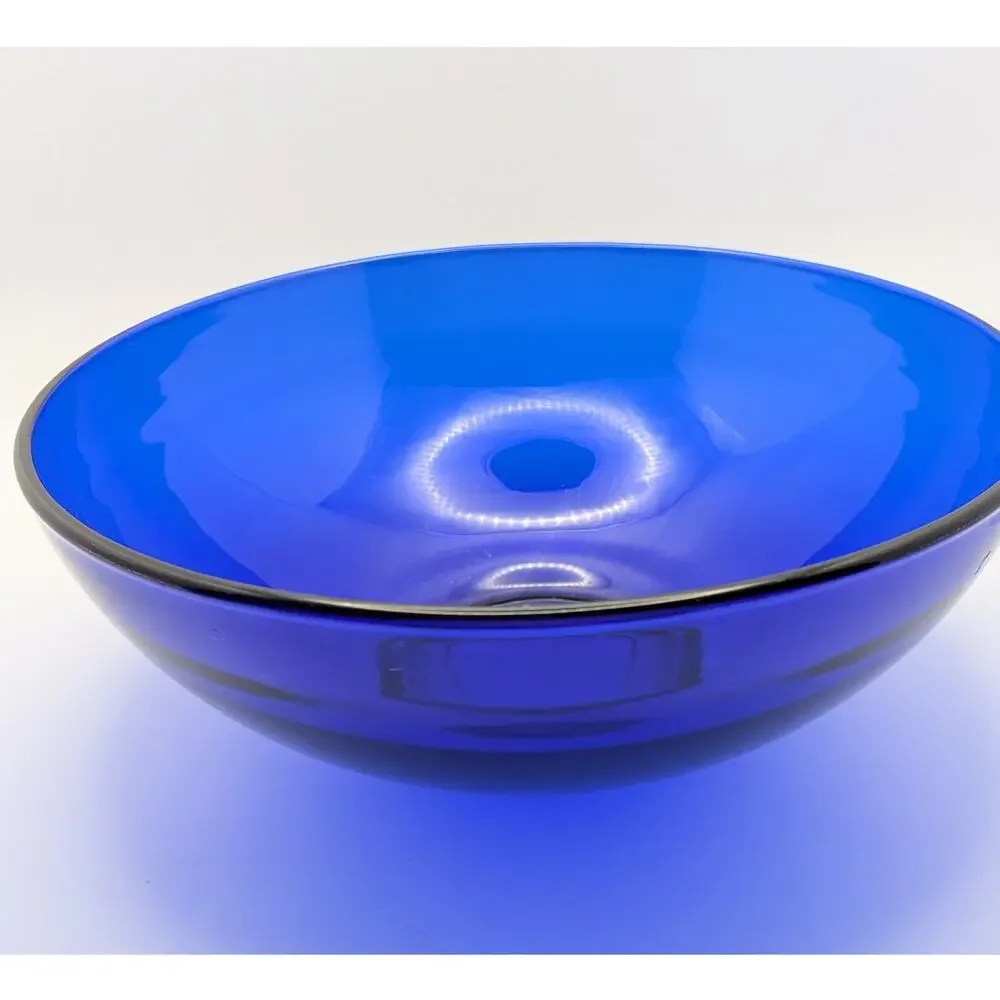 Cobalt Blue Glass Bowl 8 Inch Round 3 Inch Tall Vintage MCM Style Serving Fruit
